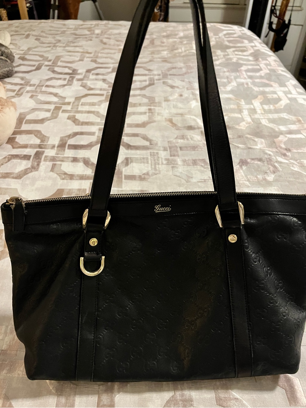 Gucci Black Embossed Leather Shoulder Tote With Gold Hardware